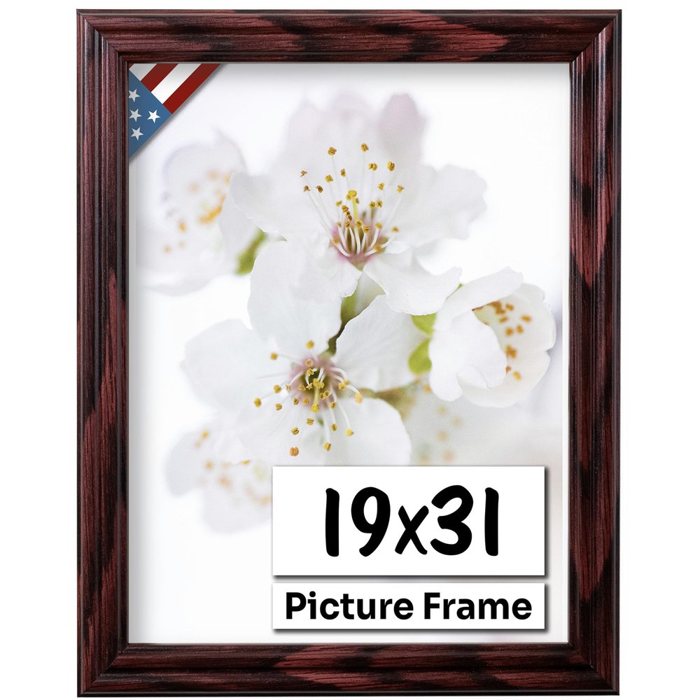 US Art Cherry 19x31 Picture Frame .75" Inch Wide - Cherry Wall Decor Handmade Solid Wood Frames with Preinstalled Hangers and UV Blocking Plexiglass 31x19 Frame