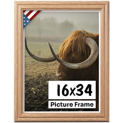 US Art Oak 16x34 Picture Frame .75" Inch Wide - Faux Oak Decor Handmade Solid Wood Frames with Preinstalled Hangers and UV Blocking Plexiglass 34x16 Frame
