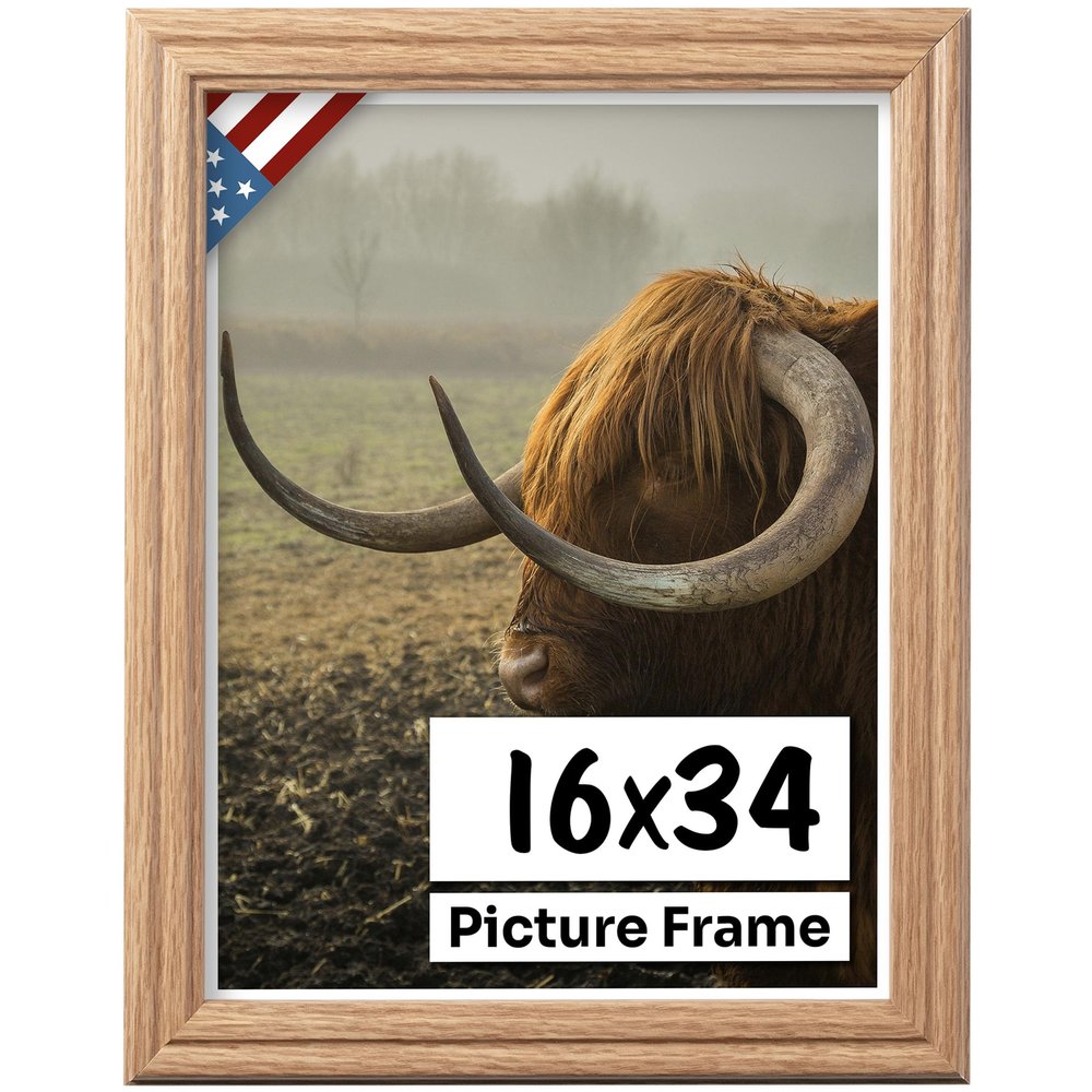 US Art Oak 16x34 Picture Frame .75" Inch Wide - Faux Oak Decor Handmade Solid Wood Frames with Preinstalled Hangers and UV Blocking Plexiglass 34x16 Frame