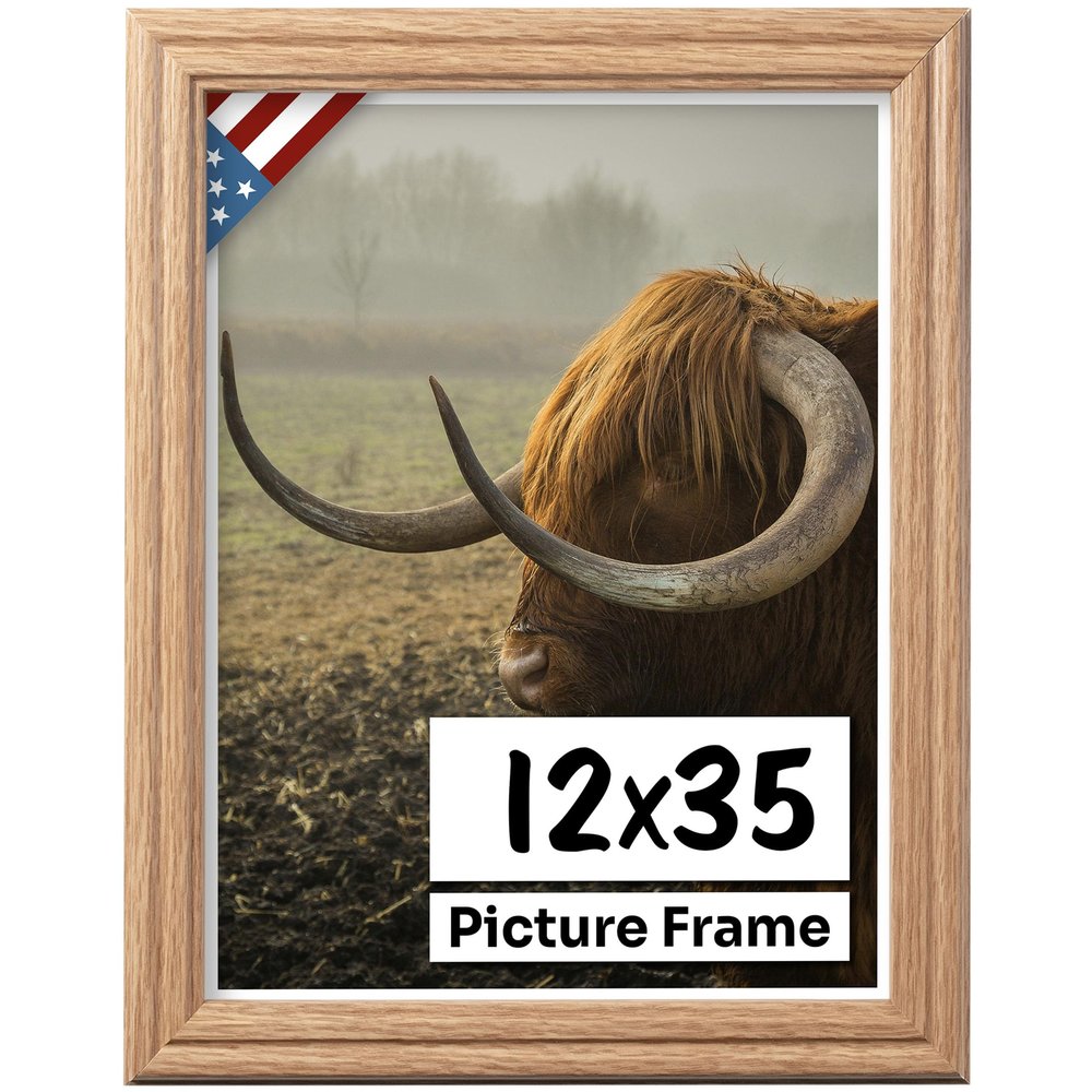 US Art Oak 12x35 Picture Frame .75" Inch Wide - Faux Oak Decor Handmade Solid Wood Frames with Preinstalled Hangers and UV Blocking Plexiglass 35x12 Frame