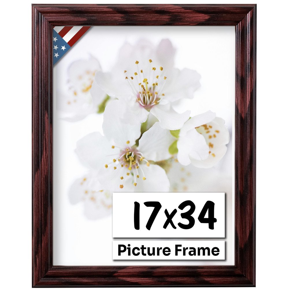 US Art Cherry 17x34 Picture Frame .75" Inch Wide - Cherry Wall Decor Handmade Solid Wood Frames with Preinstalled Hangers and UV Blocking Plexiglass 34x17 Frame