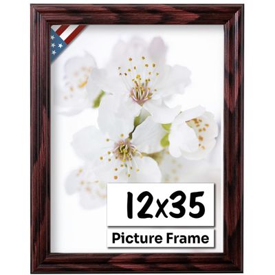 US Art Cherry 12x35 Picture Frame .75" Inch Wide - Cherry Wall Decor Handmade Solid Wood Frames with Preinstalled Hangers and UV Blocking Plexiglass 35x12 Frame