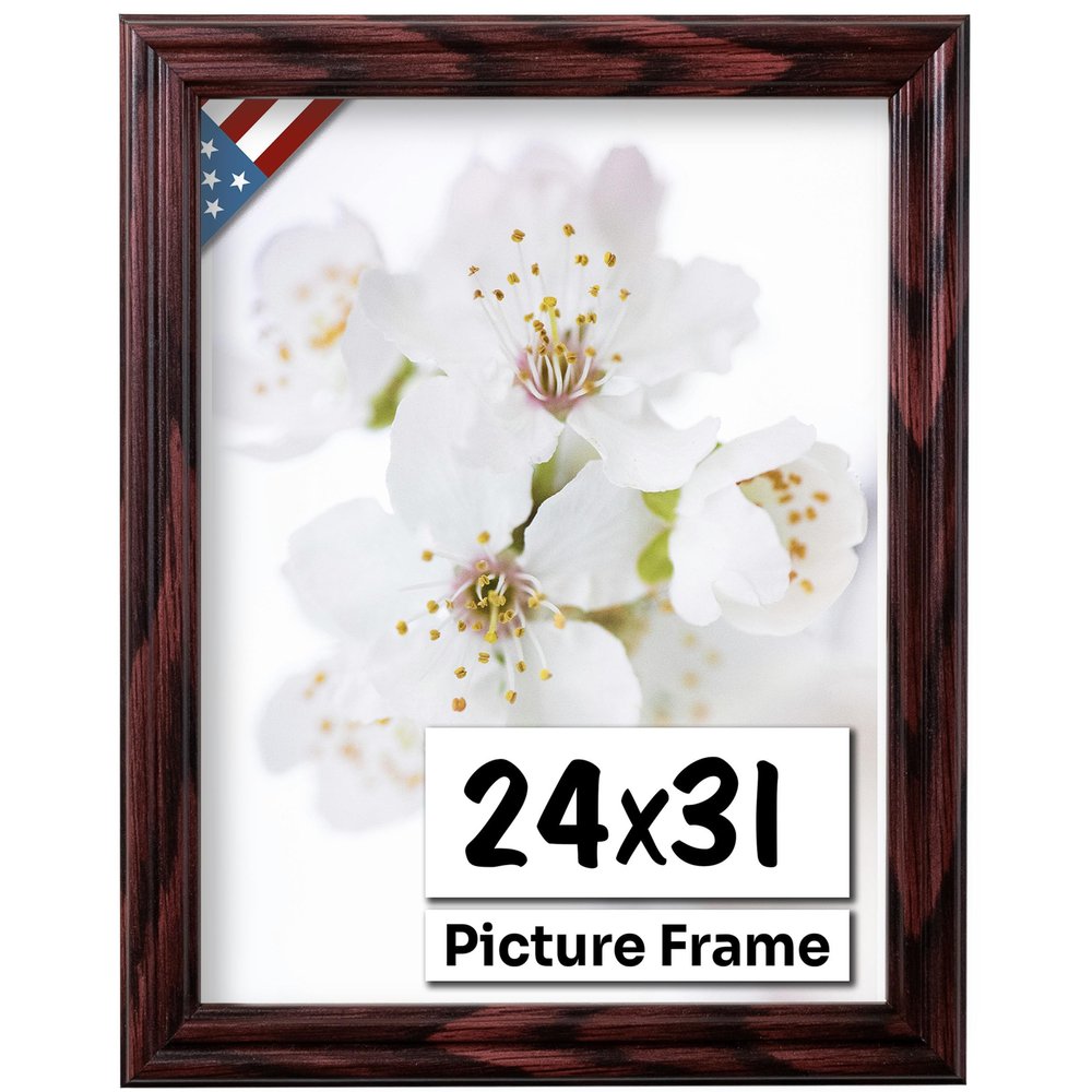 US Art Cherry 24x31 Picture Frame .75" Inch Wide - Cherry Wall Decor Handmade Solid Wood Frames with Preinstalled Hangers and UV Blocking Plexiglass 31x24 Frame