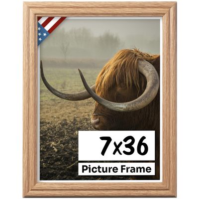 US Art Oak 7x36 Picture Frame .75" Inch Wide - Faux Oak Decor Handmade Solid Wood Frames with Preinstalled Hangers and UV Blocking Plexiglass 36x7 Frame