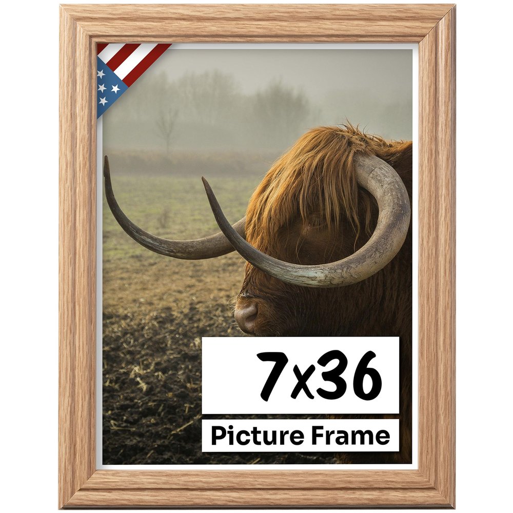 US Art Oak 7x36 Picture Frame .75" Inch Wide - Faux Oak Decor Handmade Solid Wood Frames with Preinstalled Hangers and UV Blocking Plexiglass 36x7 Frame