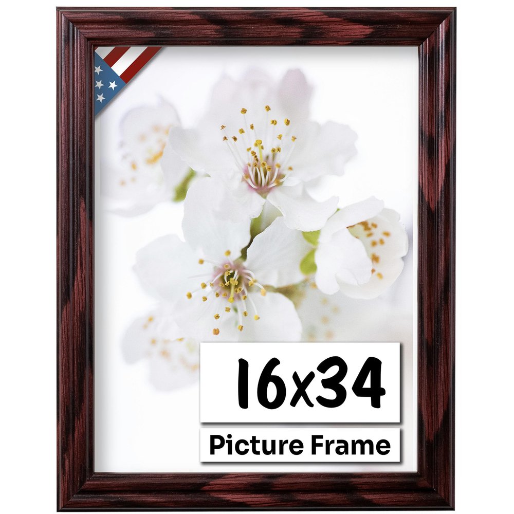 US Art Cherry 16x34 Picture Frame .75" Inch Wide - Cherry Wall Decor Handmade Solid Wood Frames with Preinstalled Hangers and UV Blocking Plexiglass 34x16 Frame