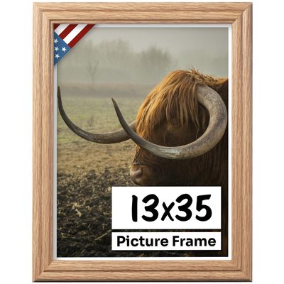 US Art Oak 13x35 Picture Frame .75" Inch Wide - Faux Oak Decor Handmade Solid Wood Frames with Preinstalled Hangers and UV Blocking Plexiglass 35x13 Frame