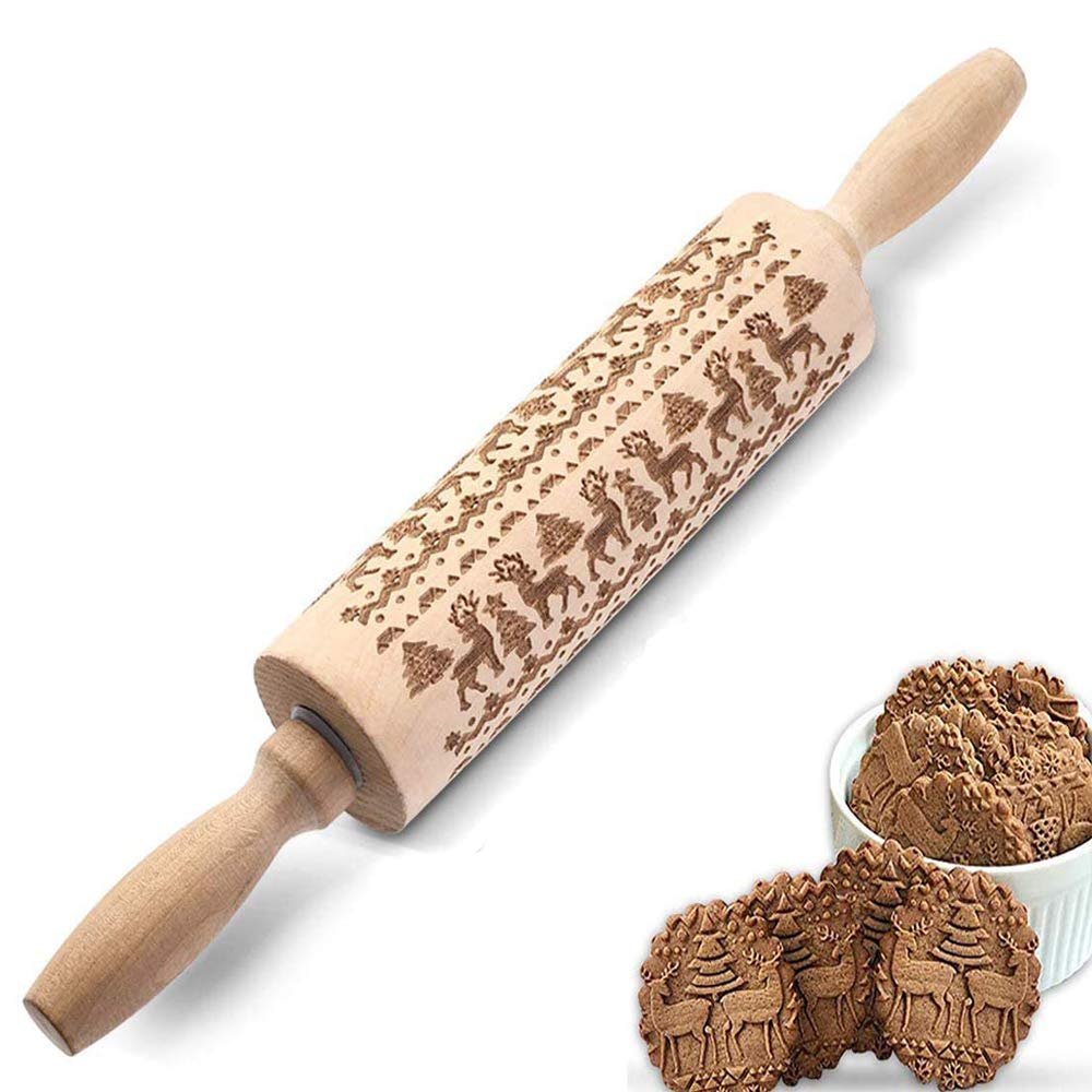 Christmas Wooden Rolling Pins - Deeply Engraved Embossing Rolling Pin with Christmas Deer Pattern for Baking