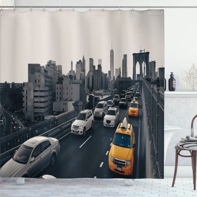Ambesonne New York Taxi Shower Curtain, Rush Hour Traffic Image at Brooklyn Bridge in Downtown NY City, Cloth Fabric Bathroom Decor Set with Hooks, 69" W x 70" L, Pale Tan and Multicolor
