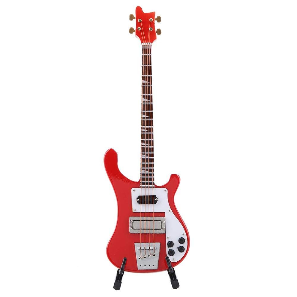Hztyyier Red Wooden Miniature Bass Guitar with Stand, Musical Instrument Model for Home Decoration