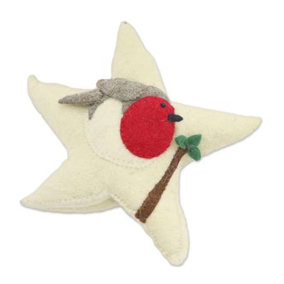 NOVICA Artisan Handmade Wool Felt Tree Topper Starshaped from India Ivory Holiday Decor Ornaments Christmas Animal Themed Bird [8.75in H x 11.5in W x 2.8in D] ' Robin Star'