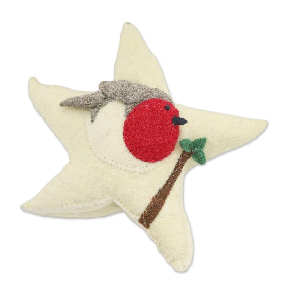 NOVICA Artisan Handmade Wool Felt Tree Topper Starshaped from India Ivory Holiday Decor Ornaments Christmas Animal Themed Bird [8.75in H x 11.5in W x 2.8in D] ' Robin Star'