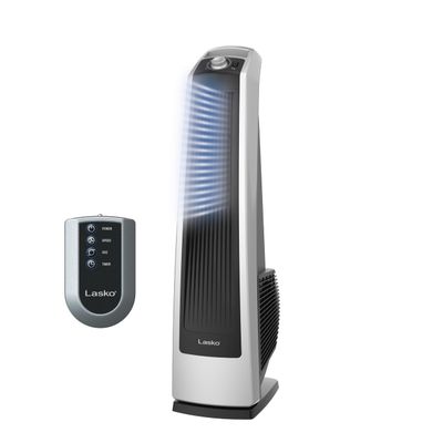 Lasko High Velocity Oscillating Tower Fan for Bedroom, Garage, Basement, and Gym with Remote Control, Timer, 3 Powerful Speeds, 35" Silver/Black, U35115