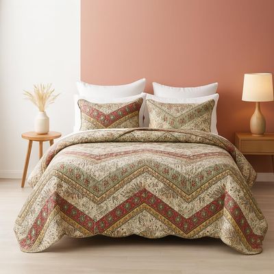 DaDa Bedding Bohemian Quilted Floral Bedspread Set - Rustic Cranberry Red Sage Green Chevron Paisley Filigree Lightweight Coverlet - Scalloped Edges Colorful Orange & Ivory White - Queen - 3-Pieces