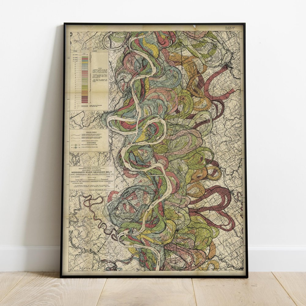 Sheet 7-1944 Mississippi River Map - River House Decor Wall Art Gifts - Harold Fisk Ancient River Meander Alluvial Valley Poster Mississipi Mississ Missipi 23x33 inches Unframed.