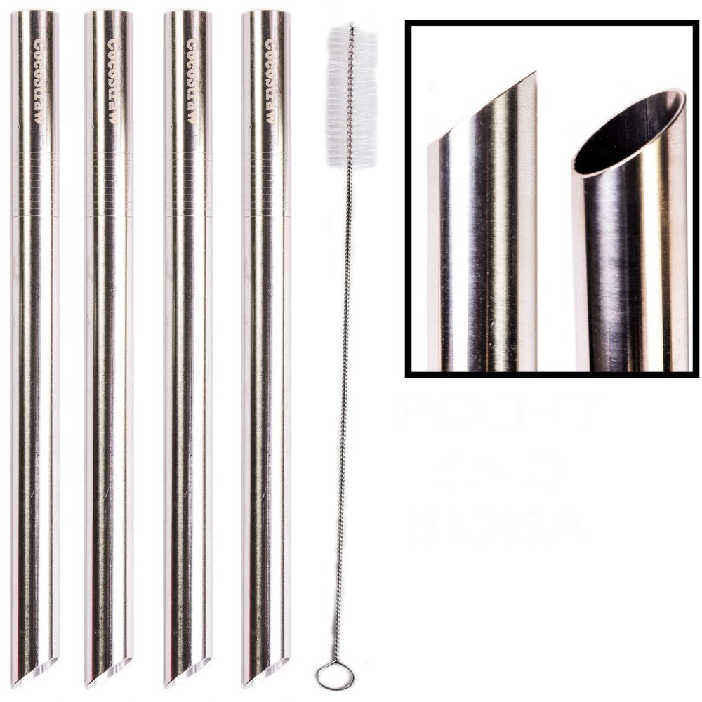 4 POINT END BOBA Straw Stainless Steel Extra Wide 1/2" x 9.5" Long Tapioca Pearl Bubble Tea Thick FAT - CocoStraw Brand
