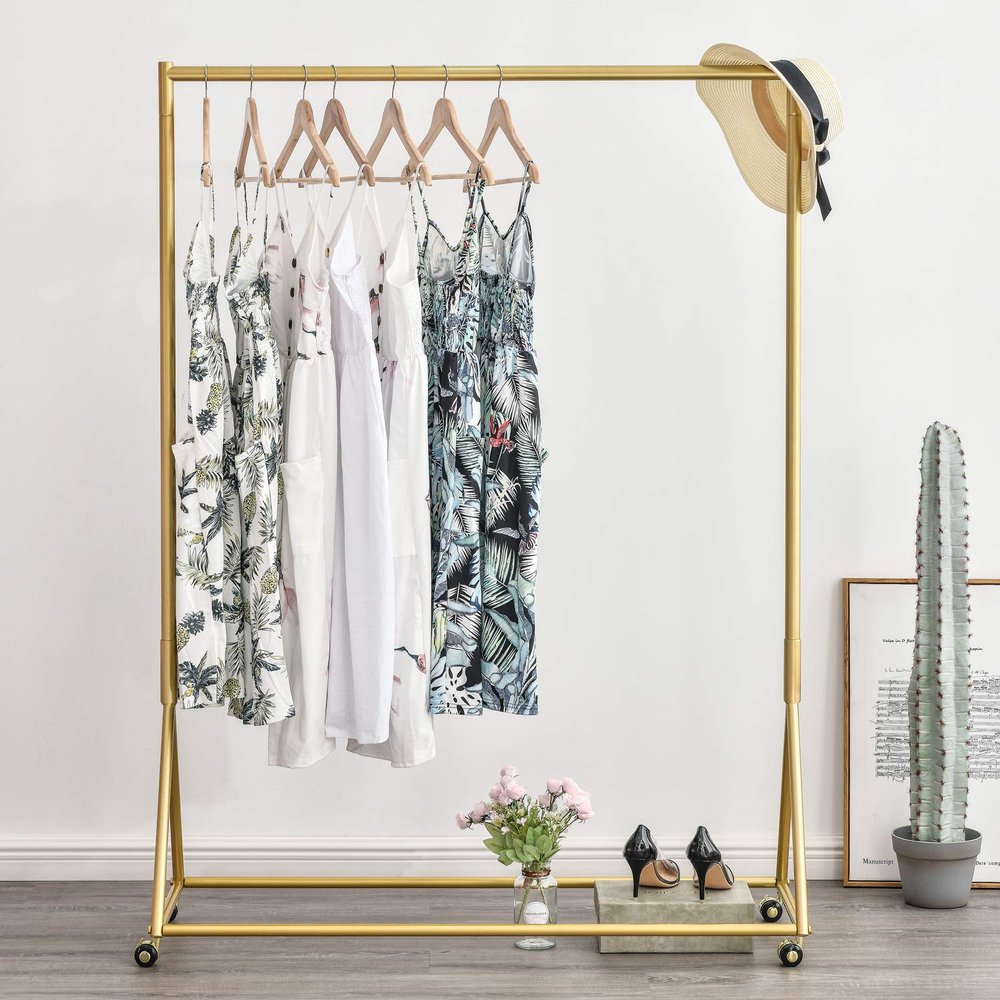 BOSURU Gold Pipe Clothing Racks Freestanding, Modern Metal Clothes Rack Heavy Duty, Easy Assemble Clothing Rack for Hanging Boutiques and Bedroom 47" L