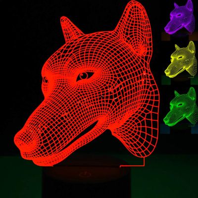 Jinnwell 3D Wolf Dog Night Light Lamp Illusion Led 7 Color Changing Touch Switch Table Desk Decoration Lamps Acrylic Flat ABS Base USB Cable Toy (Bus)