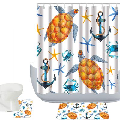 Amagical Blue Starfish Yellow Turtles Pattern 3 Piece Bathroom Mat Set Shower Curtain Set Bath Mat Contour Mat Fabric Waterproof Shower Curtain with 12 Hooks