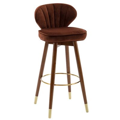 Barstools Modern High-Back Swivel, 30" H, Dining Chair Brown Velvet Upholstered Kitchen Counter Height Bar Stool with Wood Leg, Max Load 551lbs