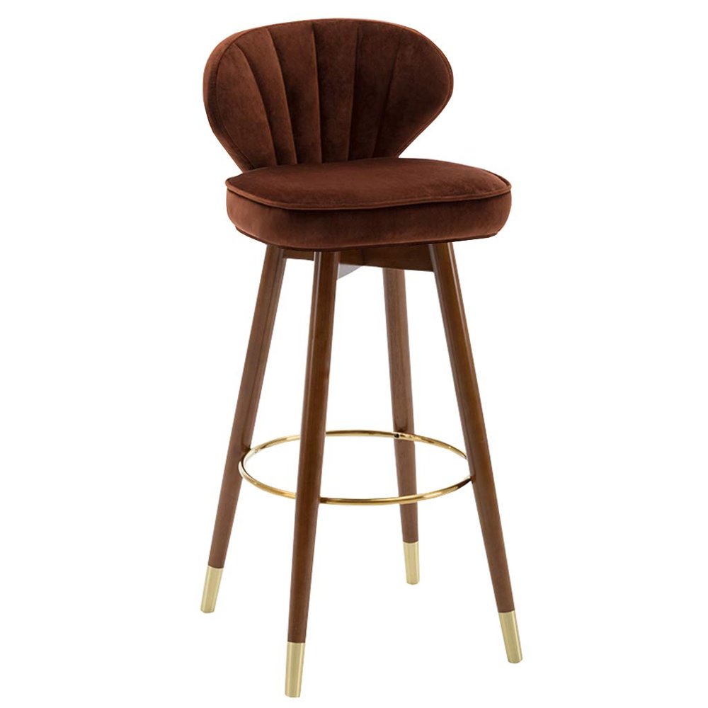 Barstools Modern High-Back Swivel, 30" H, Dining Chair Brown Velvet Upholstered Kitchen Counter Height Bar Stool with Wood Leg, Max Load 551lbs