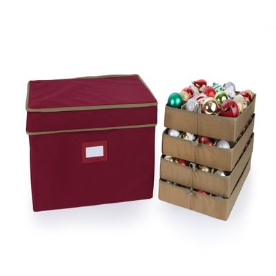 Covermates Keepsakes Adjustable Ornament Storage Box  Heavy-Duty Polyester, Padded Dividers & FlexGrid Trays  Protective Holiday Organizer with Stackable Walls & Label Window, Red