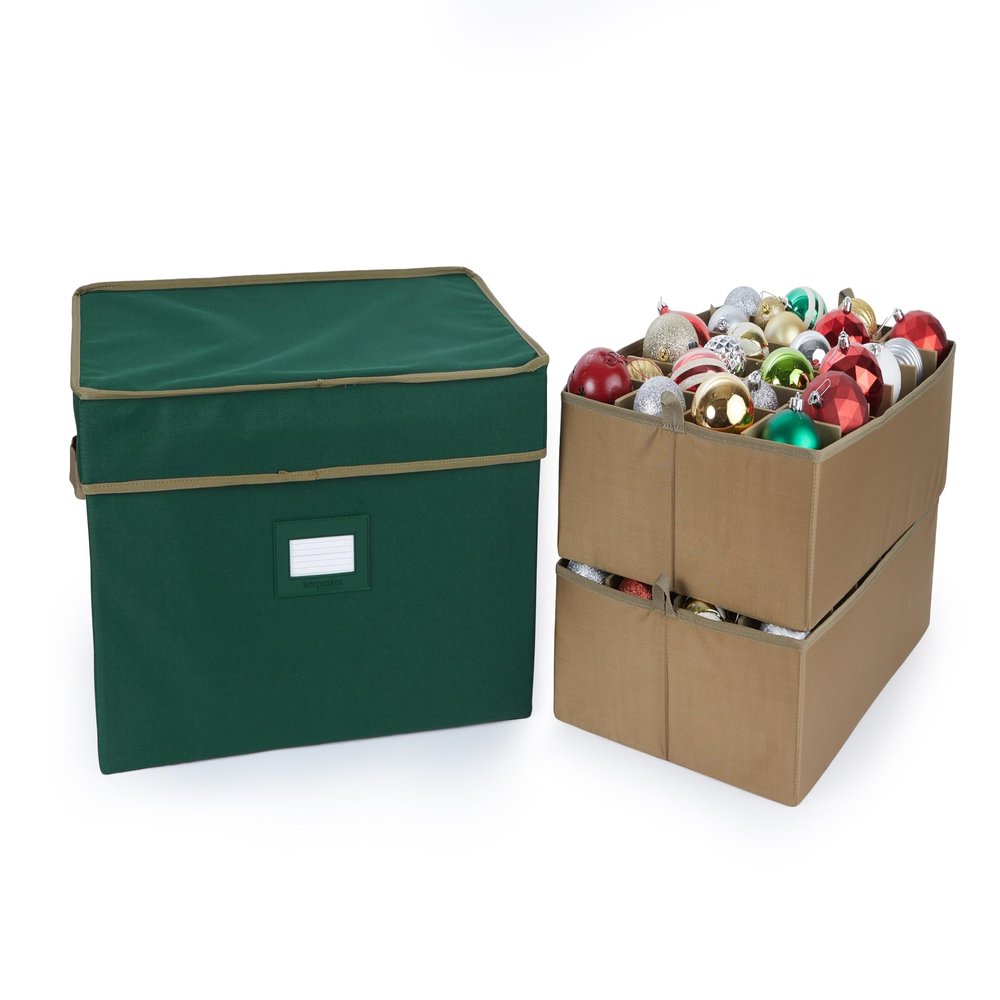 Covermates Keepsakes Adjustable Ornament Storage Box  Heavy-Duty Polyester, Padded Dividers & FlexGrid Trays  Protective Holiday Organizer with Stackable Walls & Label Window, Green