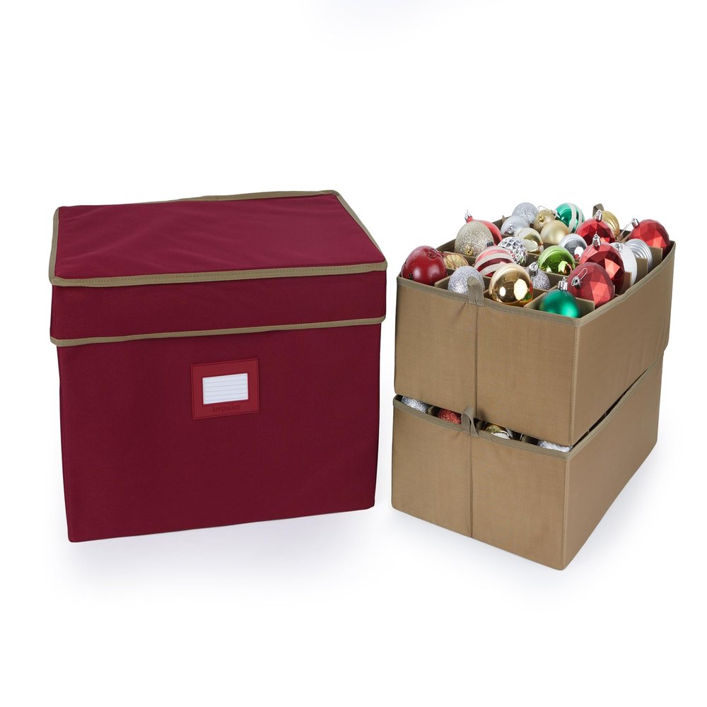 Covermates Keepsakes Adjustable Ornament Storage Box  Heavy-Duty Polyester, Padded Dividers & FlexGrid Trays  Protective Holiday Organizer with Stackable Walls & Label Window, Red