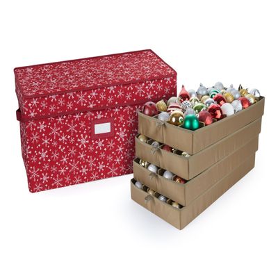 Covermates Keepsakes Adjustable Ornament Storage Box  Heavy-Duty Polyester, Padded Dividers & FlexGrid Trays  Protective Holiday Organizer with Stackable Walls & Label Window, Red Snowflake