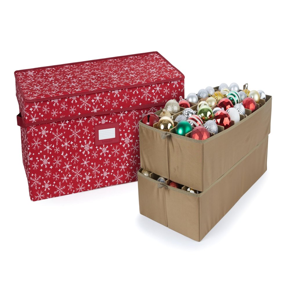 Covermates Keepsakes Adjustable Ornament Storage Box  Heavy-Duty Polyester, Padded Dividers & FlexGrid Trays  Protective Holiday Organizer with Stackable Walls & Label Window, Red Snowflake
