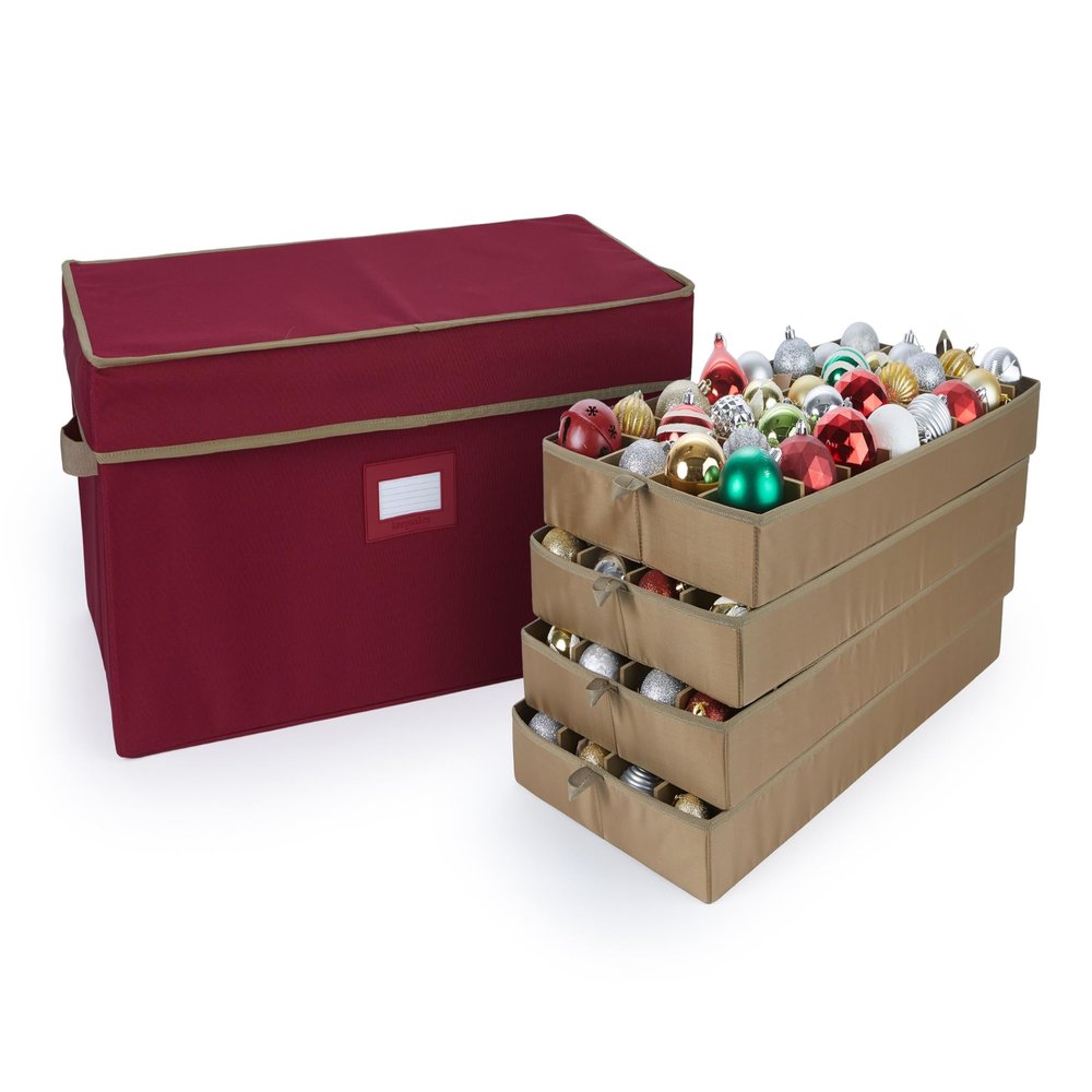 Covermates Keepsakes Adjustable Ornament Storage Box  Heavy-Duty Polyester, Padded Dividers & FlexGrid Trays  Protective Holiday Organizer with Stackable Walls & Label Window, Red