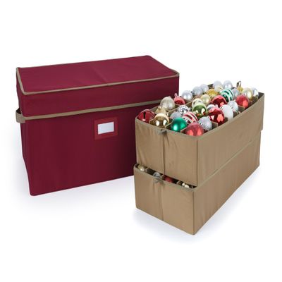 Covermates Keepsakes Adjustable Ornament Storage Box  Heavy-Duty Polyester, Padded Dividers & FlexGrid Trays  Protective Holiday Organizer with Stackable Walls & Label Window, Red