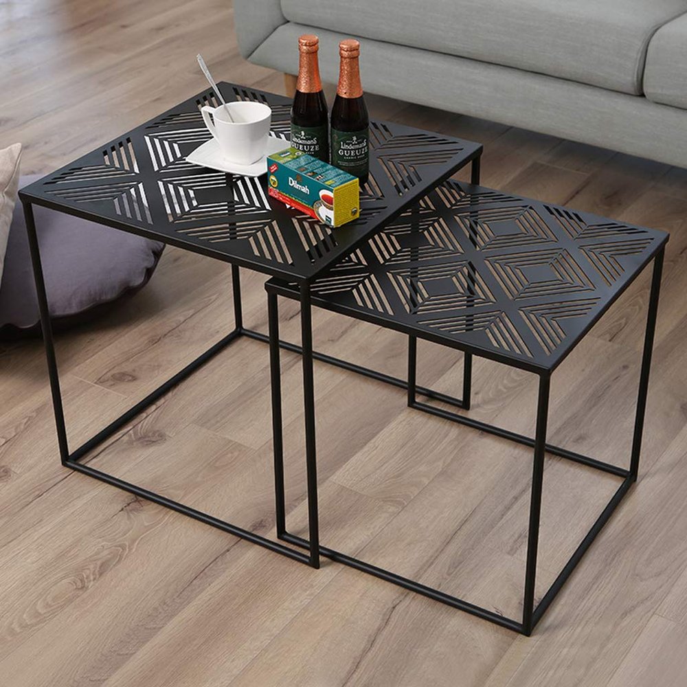 Set of 2 Square Nesting Coffee Table Sofa Side End Table Living Room Modern Scandinavian, Black Stackable and Scalable