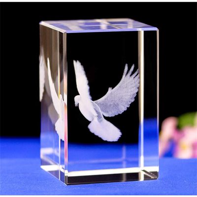 Crystal Glass Peace Dove Figurine, 3D Laser Etched Pigeon Ornament Art, Animal Glass Cube Engraving Statue Peace Dove Sculpture Gifts with Gift Box (50x50x80mm+Rotating Lamp Holder)