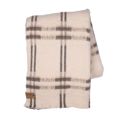 Ritzy Juniper Heavyweight, Unbleached Wool Blanket - Natural Cream and Brown Plaid, 60 x 80 Inches