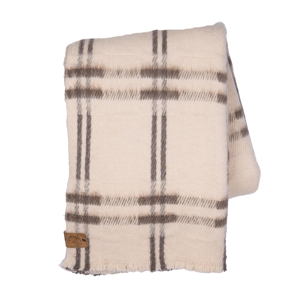 Ritzy Juniper Heavyweight, Unbleached Wool Blanket - Natural Cream and Brown Plaid, 60 x 80 Inches