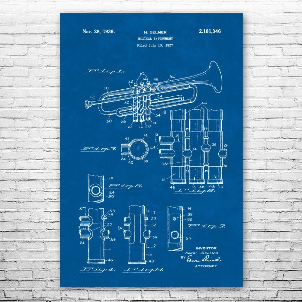 Trumpet Poster Print, Trumpet Design, Jazz Art, Music Class Decor, Music Teacher Gift, Trumpet Decor, Marching Band Gift Blueprint (24 inch x 36 inch)