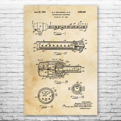 Unidirectional Microphone Poster Print, Audio Engineer Gift, Microphone Art, Podcast Host Gift, Recording Studio Art Vintage Paper (24 inch x 36 inch)