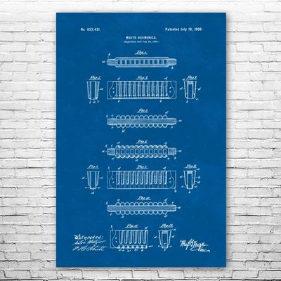 Harmonica Poster Print, Recording Studio Art, Blues Player Gift, Concert Hall Art, Harmonica Player, Musician Gift Blueprint (12 inch x 16 inch)