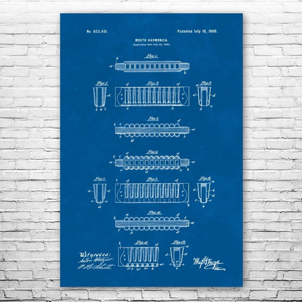 Harmonica Poster Print, Recording Studio Art, Blues Player Gift, Concert Hall Art, Harmonica Player, Musician Gift Blueprint (12 inch x 16 inch)