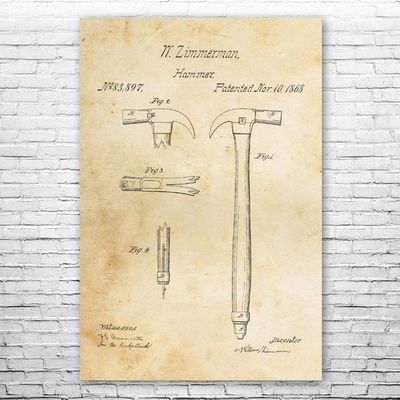 Claw Hammer Poster Print, Woodworking Art, Carpenter Gifts, Workshop Decor, Handyman Gift, Construction Worker, Dad Gift Vintage Paper (12 inch x 16 inch)