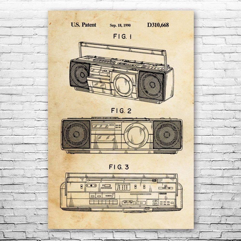 Boombox Tape Player Poster Print, Boombox Art, Radio Dj Gift, Music Art, Hip Hop Gift, Stereo Wall Art, Music Studio Art Vintage Paper (24 inch x 36 inch)