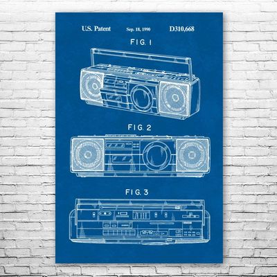 Boombox Tape Player Poster Print, Boombox Art, Radio Dj Gift, Music Art, Hip Hop Gift, Stereo Wall Art, Music Studio Art Blueprint (12 inch x 16 inch)
