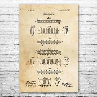 Harmonica Poster Print, Recording Studio Art, Blues Player Gift, Concert Hall Art, Harmonica Player, Musician Gift Vintage Paper (12 inch x 16 inch)