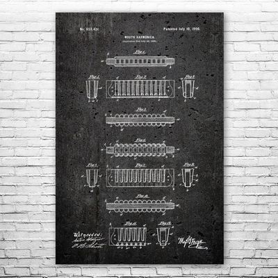 Harmonica Poster Print, Recording Studio Art, Blues Player Gift, Concert Hall Art, Harmonica Player, Musician Gift Dark Concrete (24 inch x 36 inch)