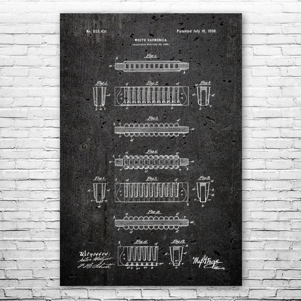 Harmonica Poster Print, Recording Studio Art, Blues Player Gift, Concert Hall Art, Harmonica Player, Musician Gift Dark Concrete (24 inch x 36 inch)