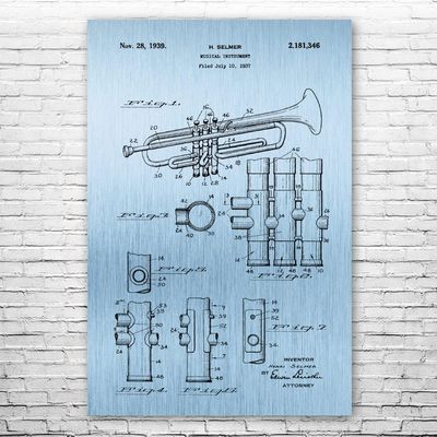 Trumpet Poster Print, Trumpet Design, Jazz Art, Music Class Decor, Music Teacher Gift, Trumpet Decor, Marching Band Gift Blue Steel (24 inch x 36 inch)