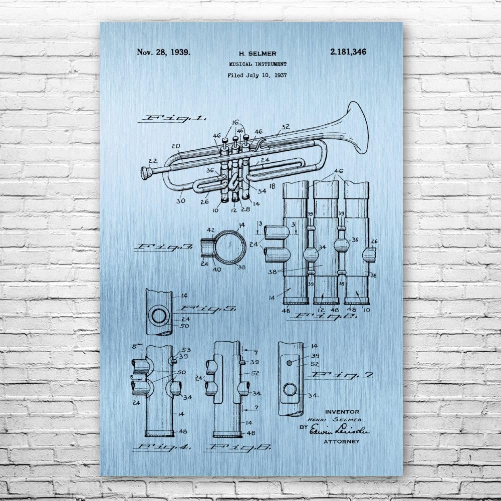 Trumpet Poster Print, Trumpet Design, Jazz Art, Music Class Decor, Music Teacher Gift, Trumpet Decor, Marching Band Gift Blue Steel (24 inch x 36 inch)