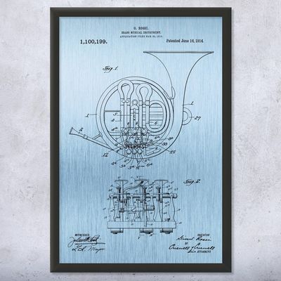 Framed French Horn Print, French Horn Design, Music Teacher Gift, French Horn Decor, Orchestra Art, Classical Music Art Blue Steel (12x16)
