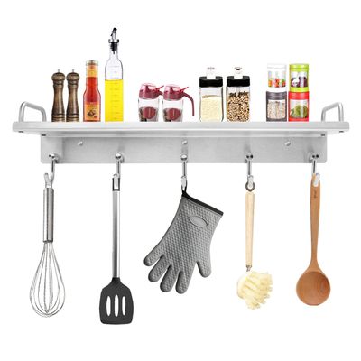 Audmore Kitchen Utensil Rack, Spice Rack with Hooks Wall Mount, Over the Stove Shelf, Stainless Steel, Hanging Storage Wall Shelf for Spatula Spoon, Seasoning Jar Organizer